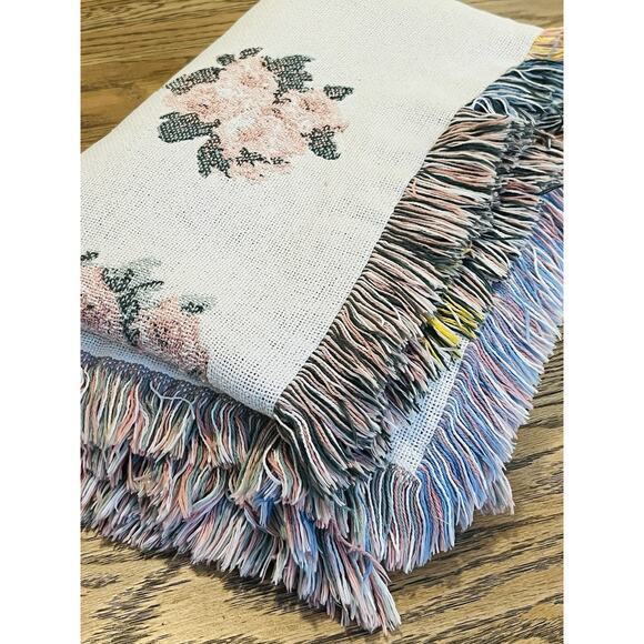 Thick Woven Blanket Tapestry Pink Flowers Floral Angel Cherub Cupid Fringe Cotto - Picture 15 of 16